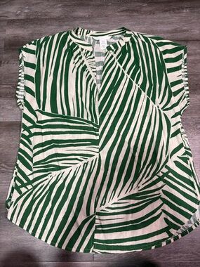 H&M Green and White Zebra-Stripe Split V-Neck Blouse